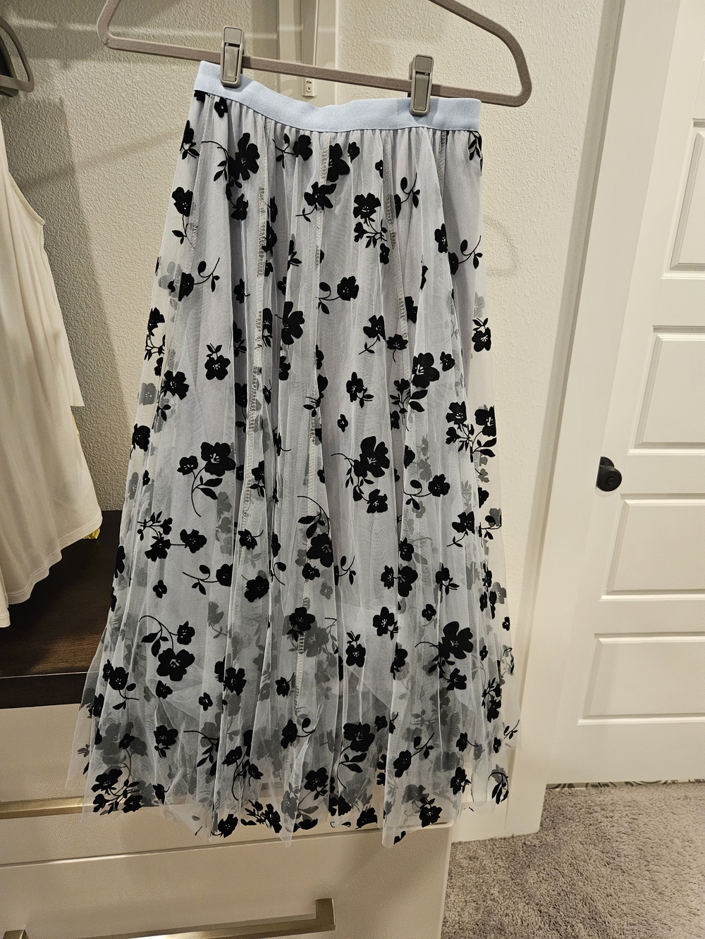 Sheer Floral A-Line Maxi Skirt - Black Floral on Light Blue
